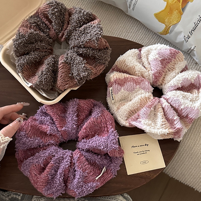Women's Winter Knitted Yarn Elastic Low Ponytail Hair Tie Color Block
