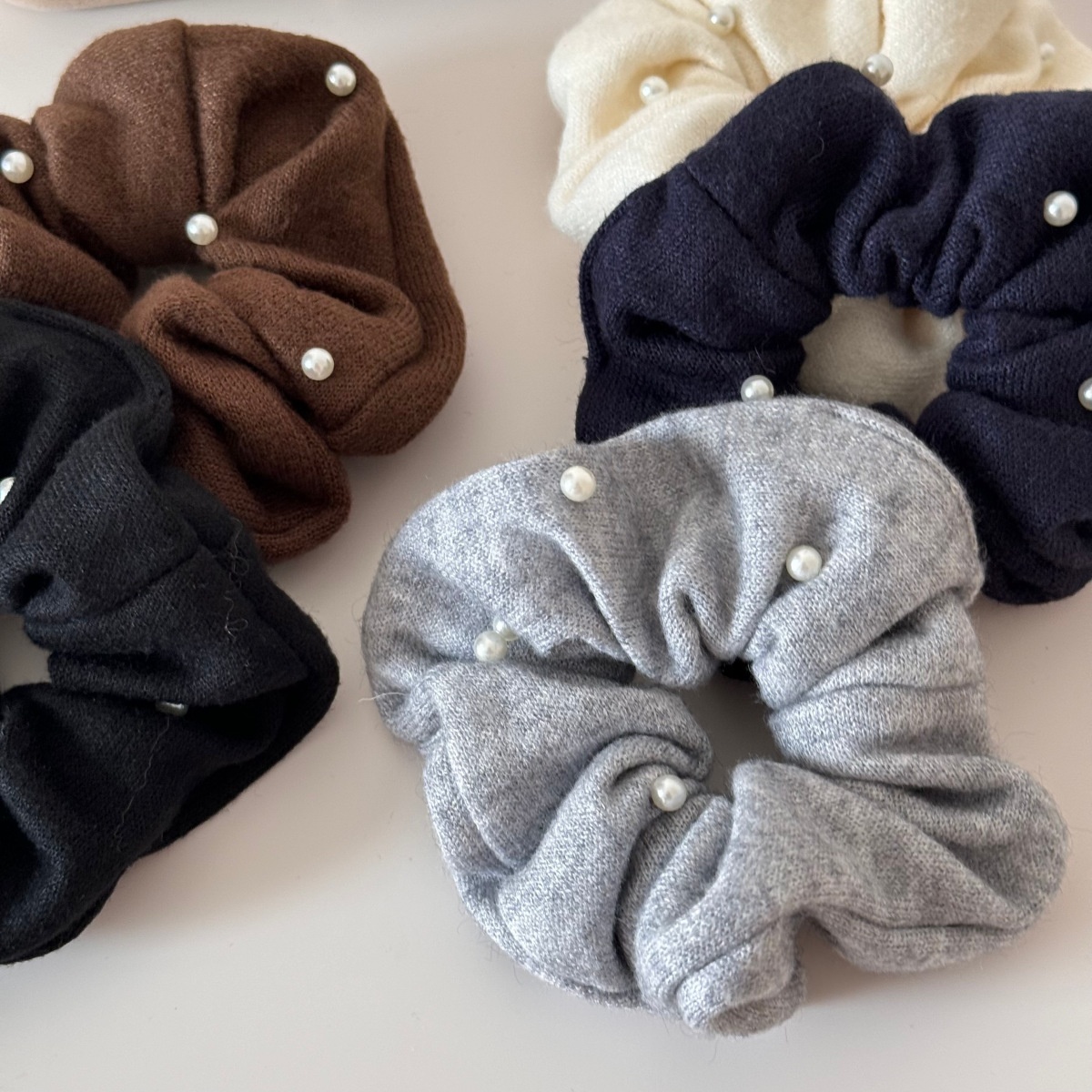 Women Elegant Pearl Knitted Cotton Hair Bands Winter Bun Ties Solid Colors