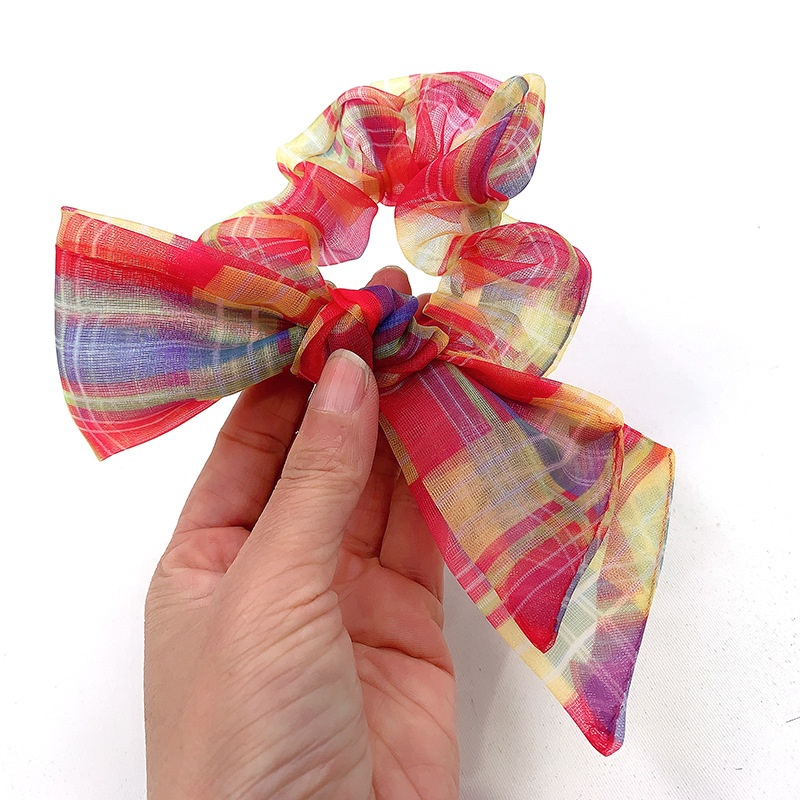 Women's Summer Organza Bowknot Hair Tie Scrunchie Rainbow Plaid