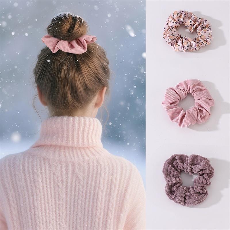 Women's Ethnic Floral Plush Hair Accessories Set Winter Large Elastic Ties
