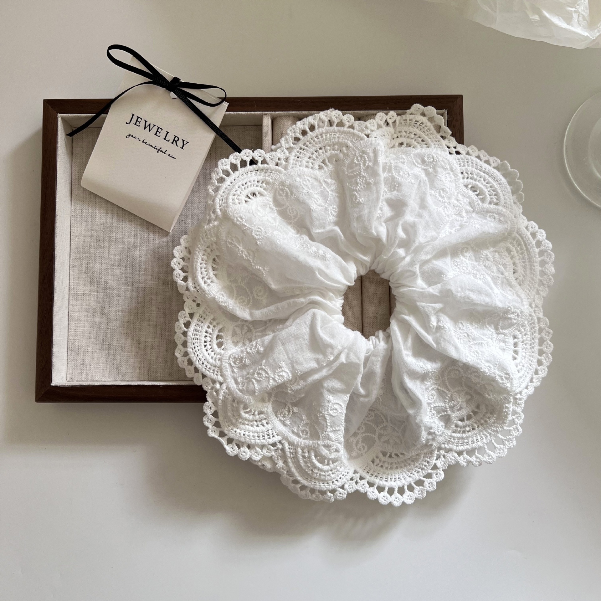 Women's Elegant Large Lace Scrunchie Sweet Ponytail Tie Solid White