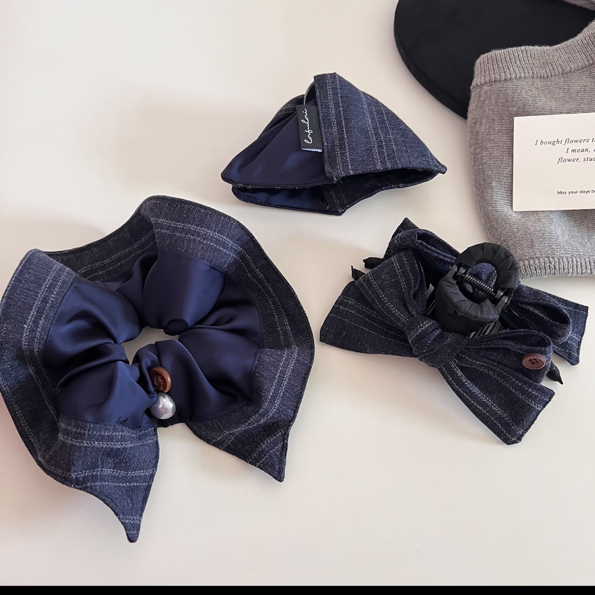 Women's Cloth Bowknot Half Bun Scrunchie Hair Claw Navy Blue Striped