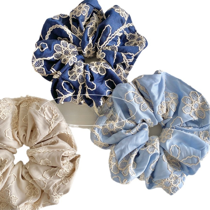 Women's Denim Bubble Braid Hair Tie Light Blue Embroidered Flower