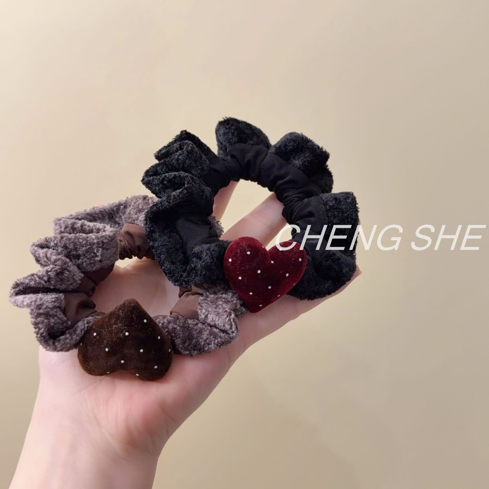 Women Winter Velvet Scrunchie Polka Dots Dark Coffee Elastic Hair Tie