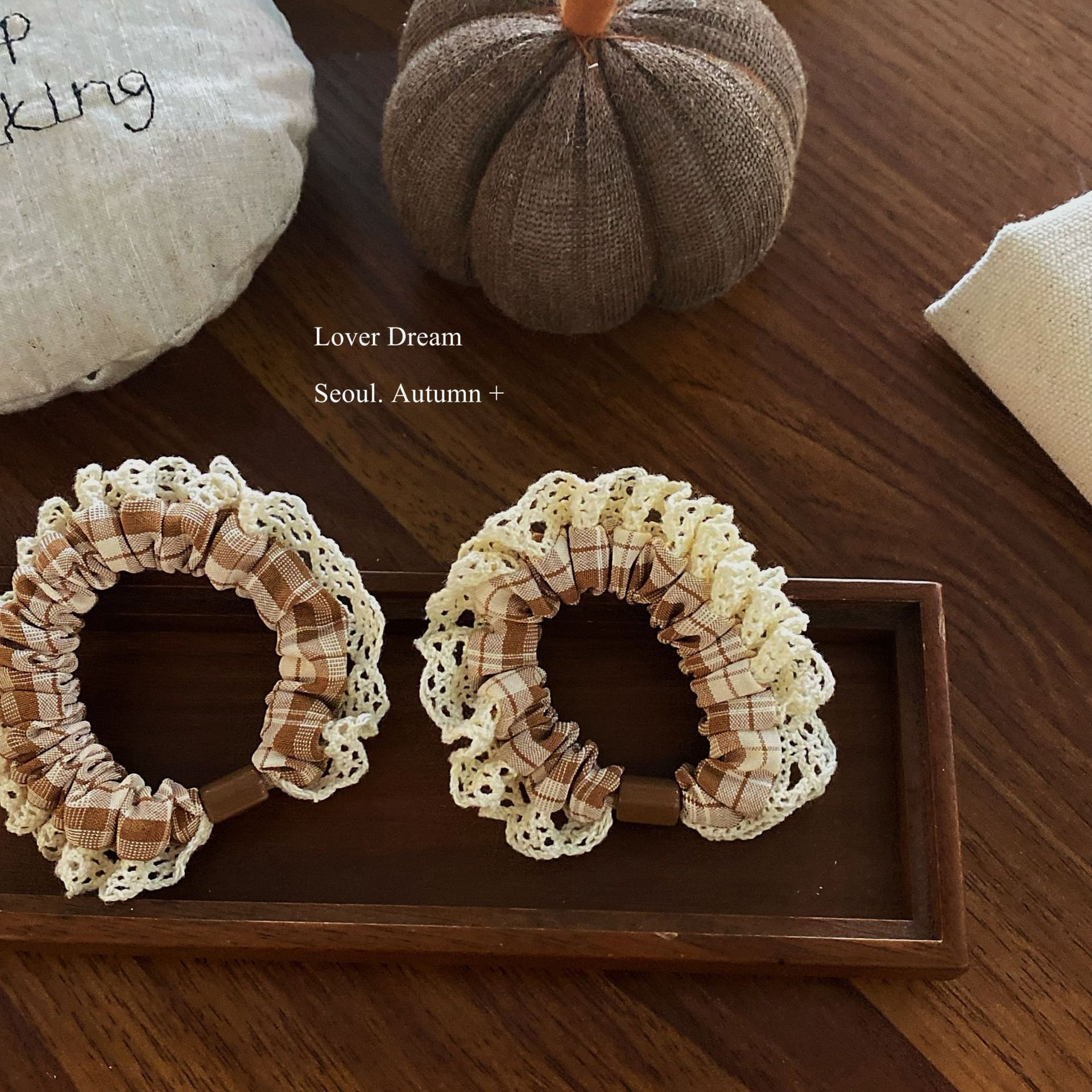 Women's High Elastic Cloth Hair Ties Autumn Winter Plaid Lace Trim