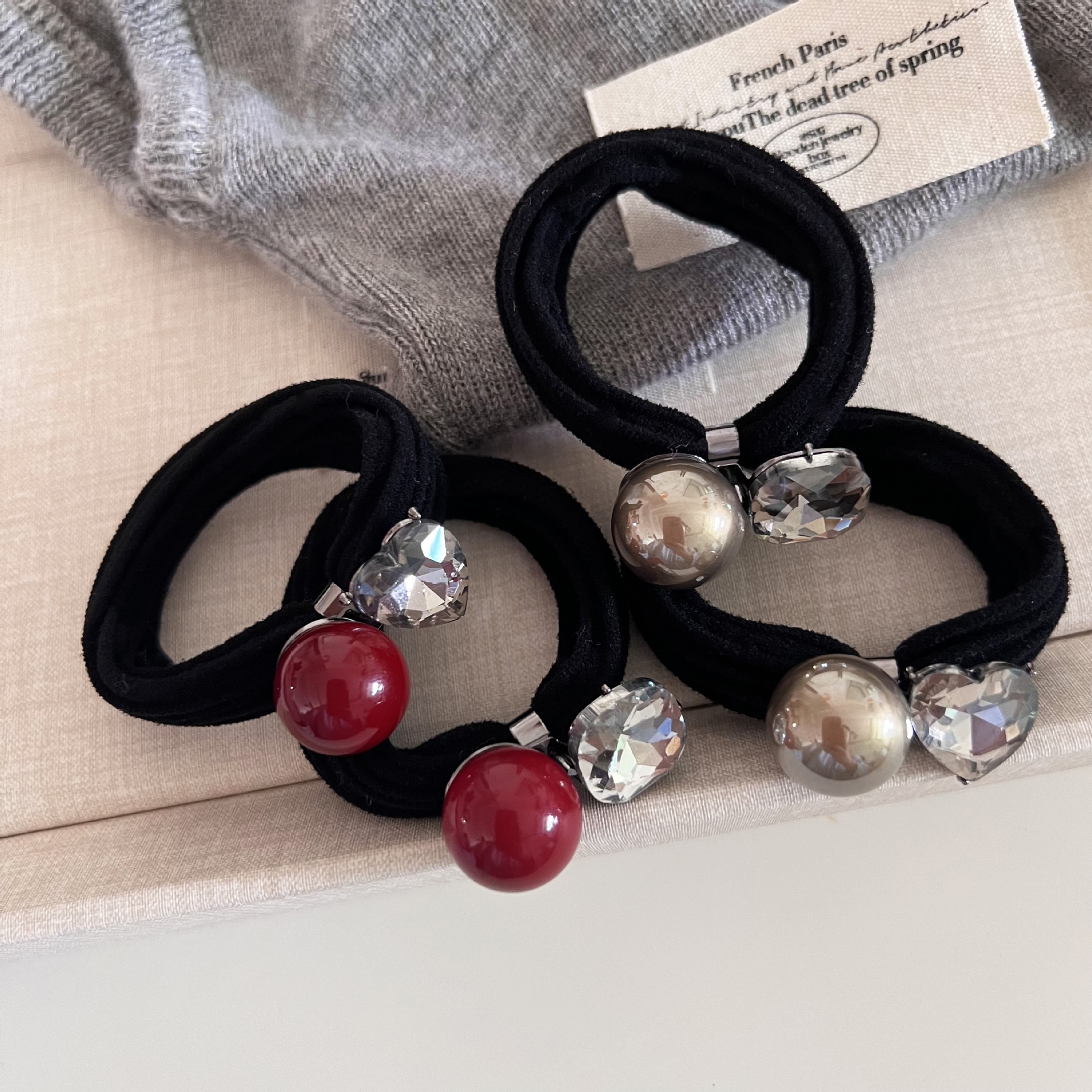 Women's Pearl Rhinestone Elastic Hair Band All-Season Red Champagne Black Heart