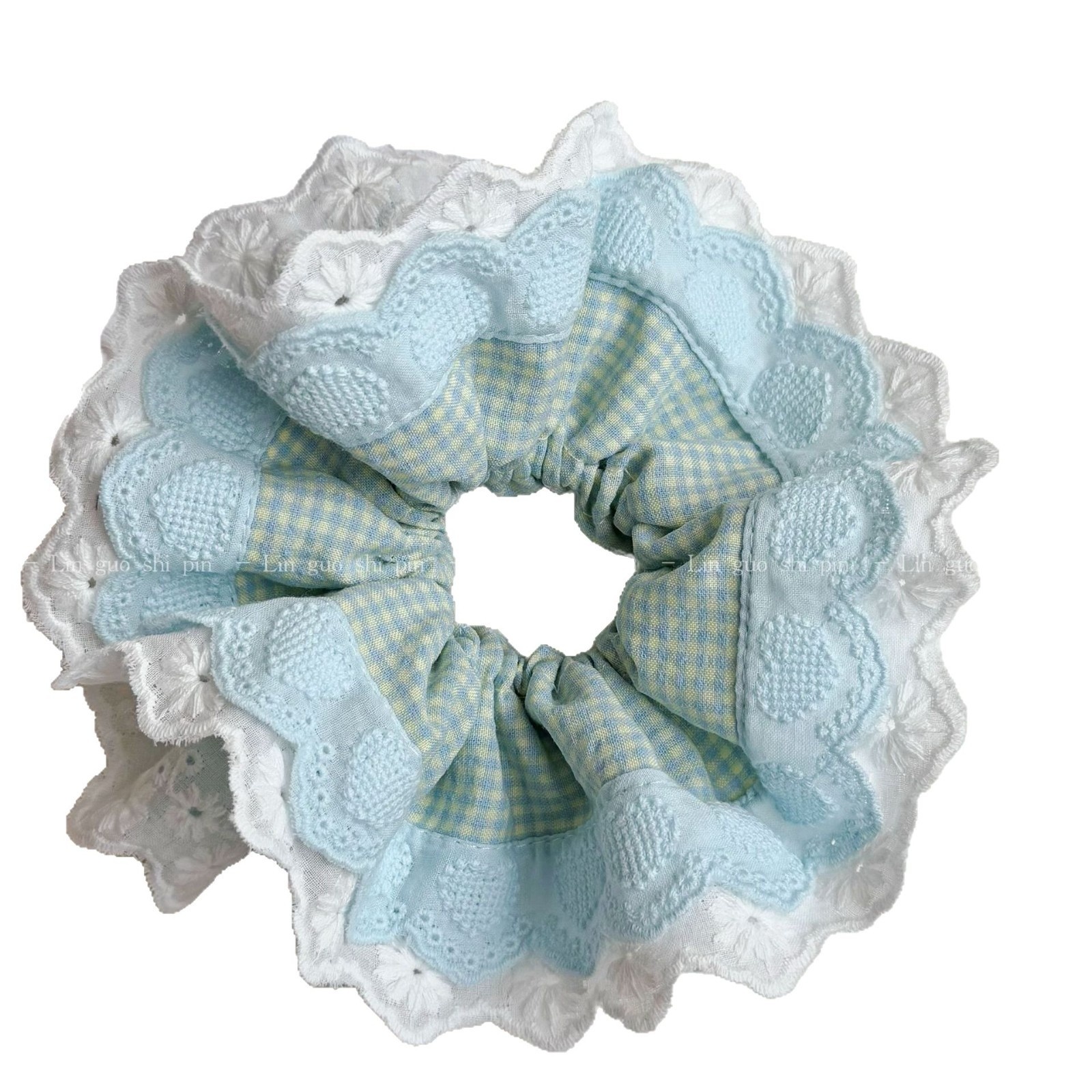 Women's Preppy Lace Heart Shape Hair Tie Daily Accessory Blue Plaid