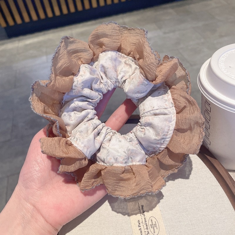 Women's Spring Tulle Scrunchie Ponytail Holder Beige Polka Dots