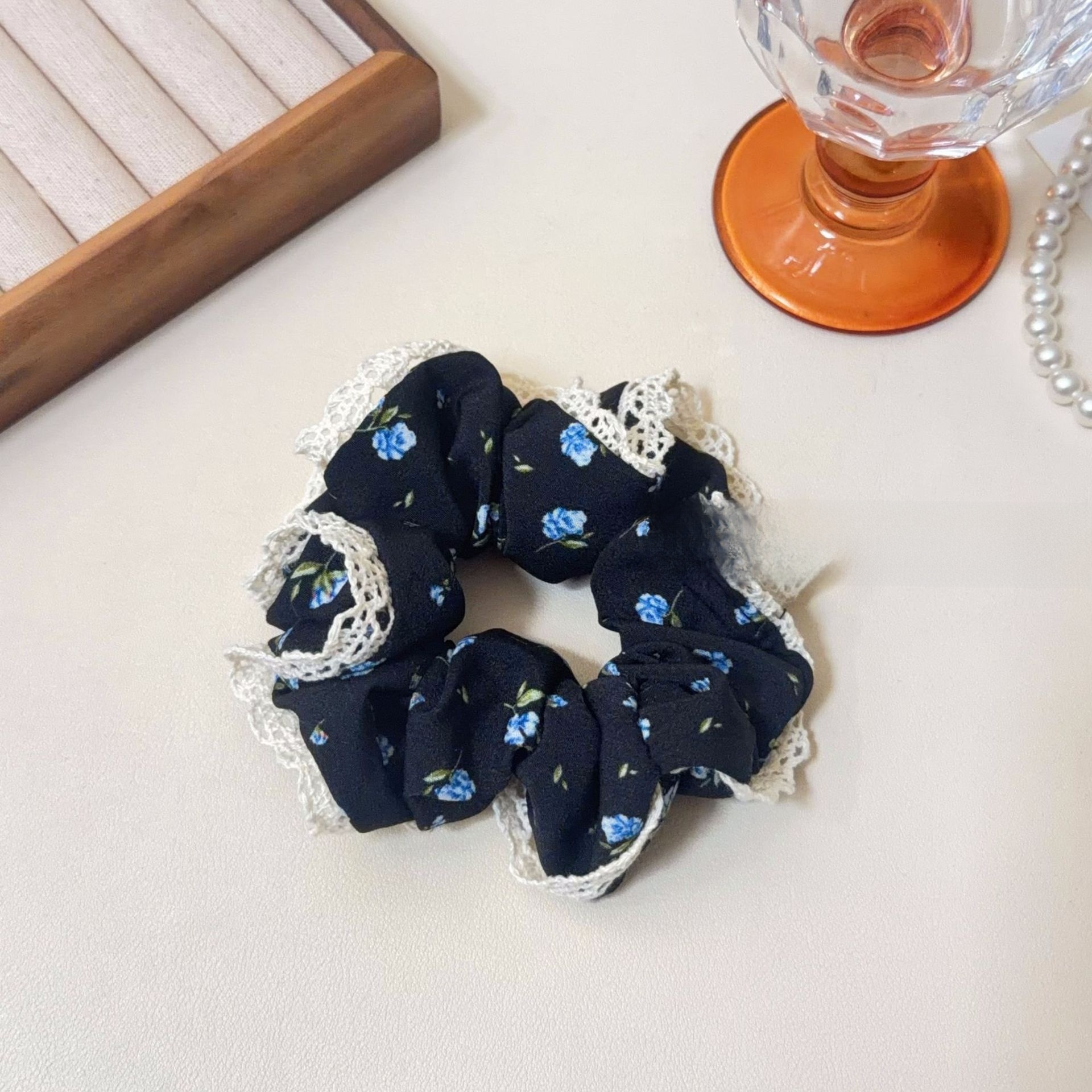 Women's Elegant Spring Pearl Gauze Hair Tie Accessory Beige Lace