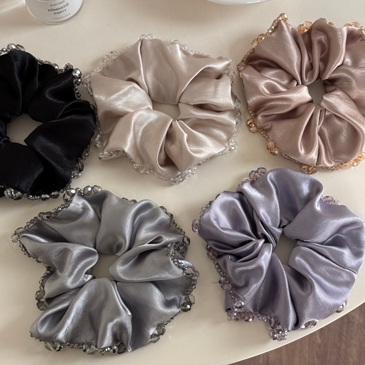 Women's Spring French Retro Satin Hair Tie Sparkly Crystal Beige