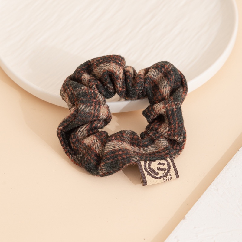 Women's Autumn Winter Wool Ponytail Hair Tie Smiley Plaid Black Coffee Red
