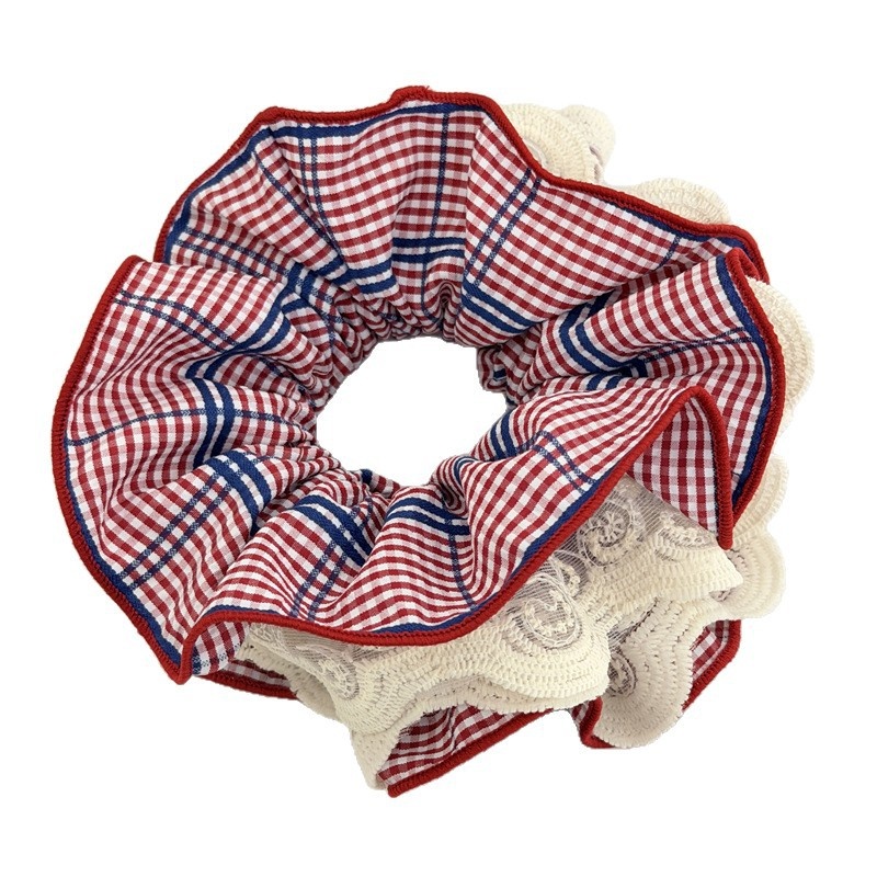 Women's Plaid Lace Patchwork Hair Tie Chic Red Blue Checkered Cloth Scrunchie
