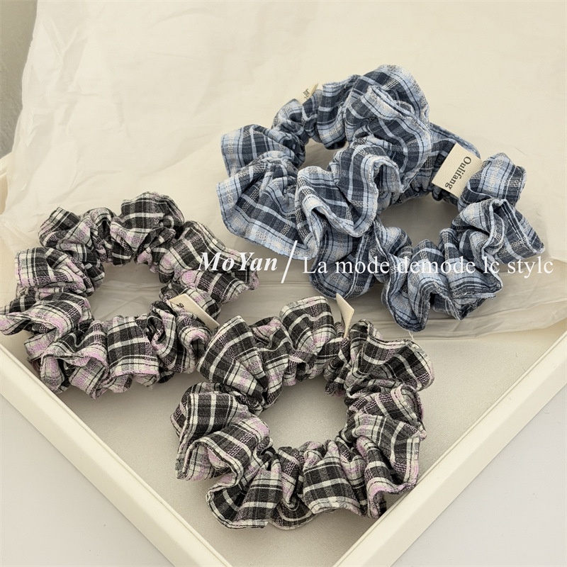 Women's Retro Cloth Hair Tie Blue Checkered Plaid Scrunchie for Spring