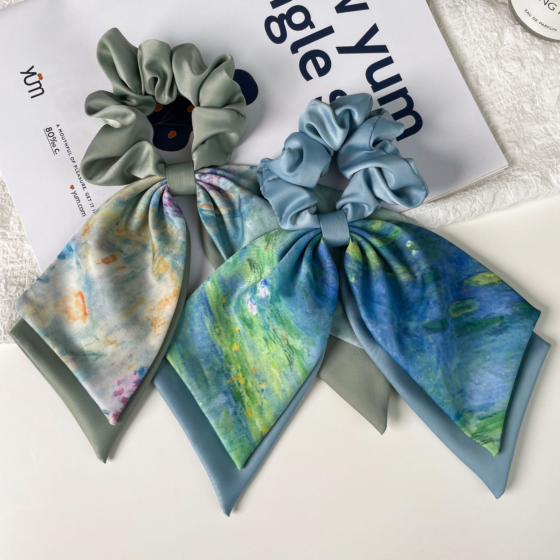 Women's Cloth Ponytail Hair Scrunchies French Vintage Monet Water Lilies