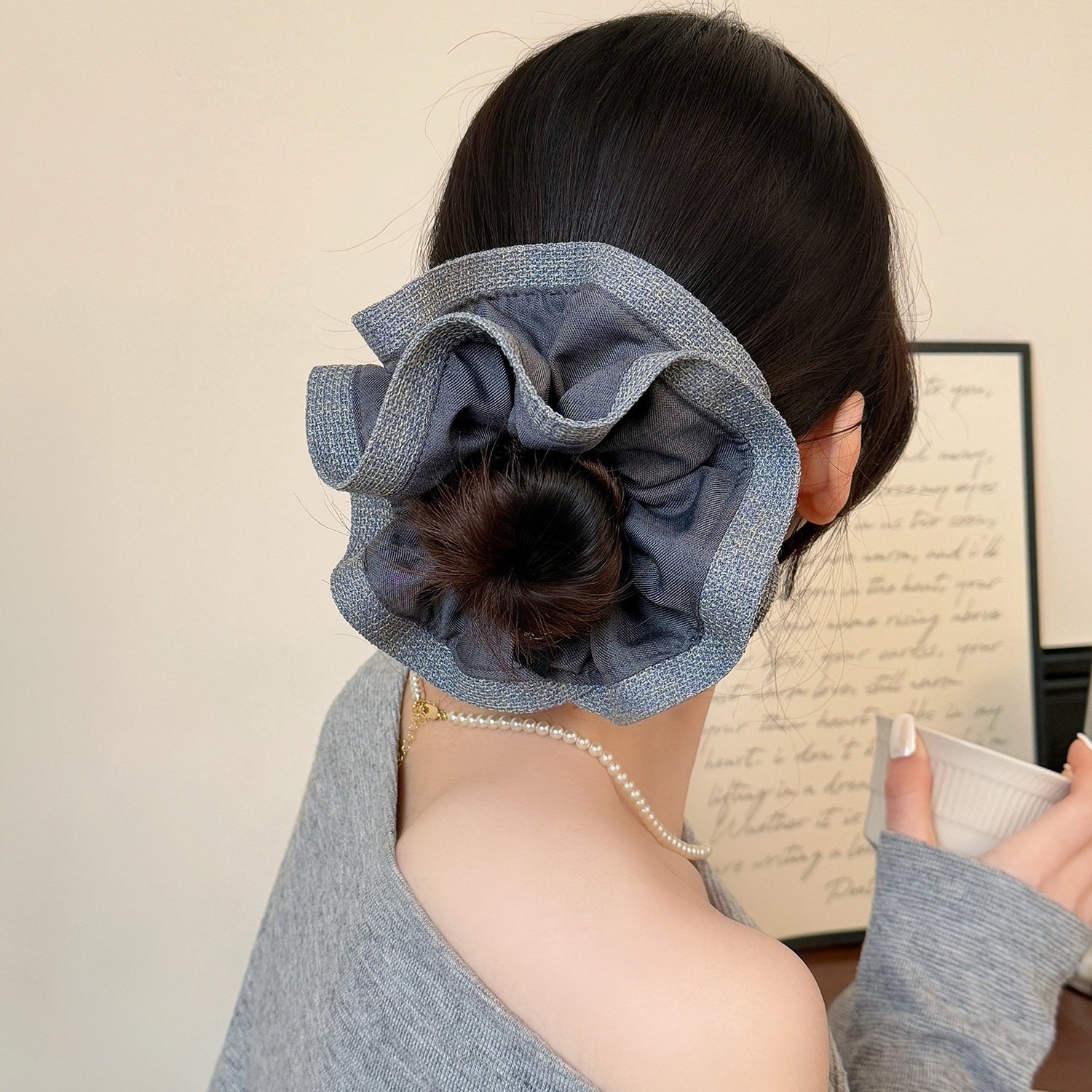 Women's New Style Cloth Flower Hair Tie, Grey Color Block Spring Accessory