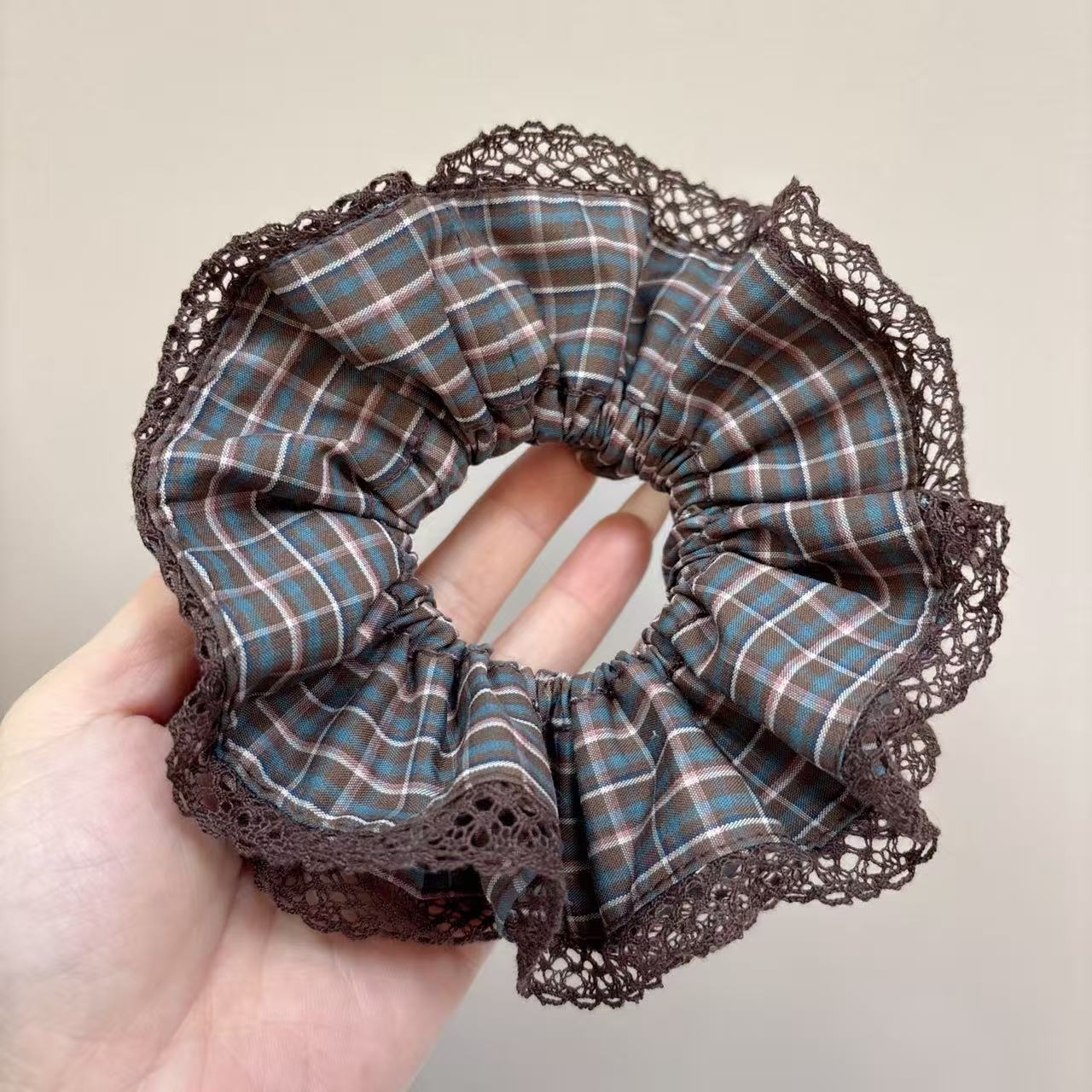 Women's Spring Cloth Hair Tie Scrunchie Coffee British Plaid Lace