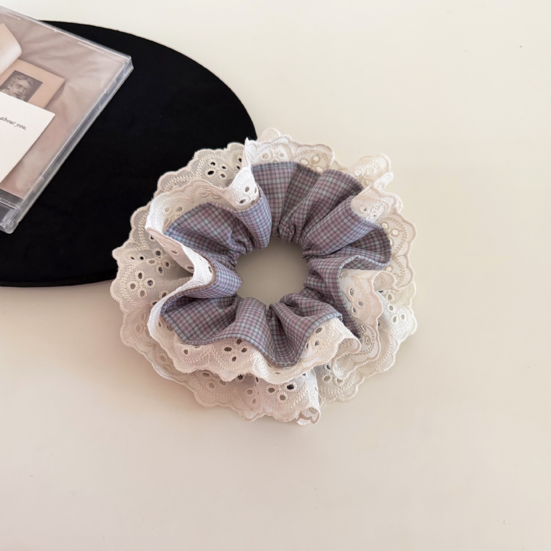 Women's Stylish Everyday Cloth Hair Tie Pink Blue Plaid Lace