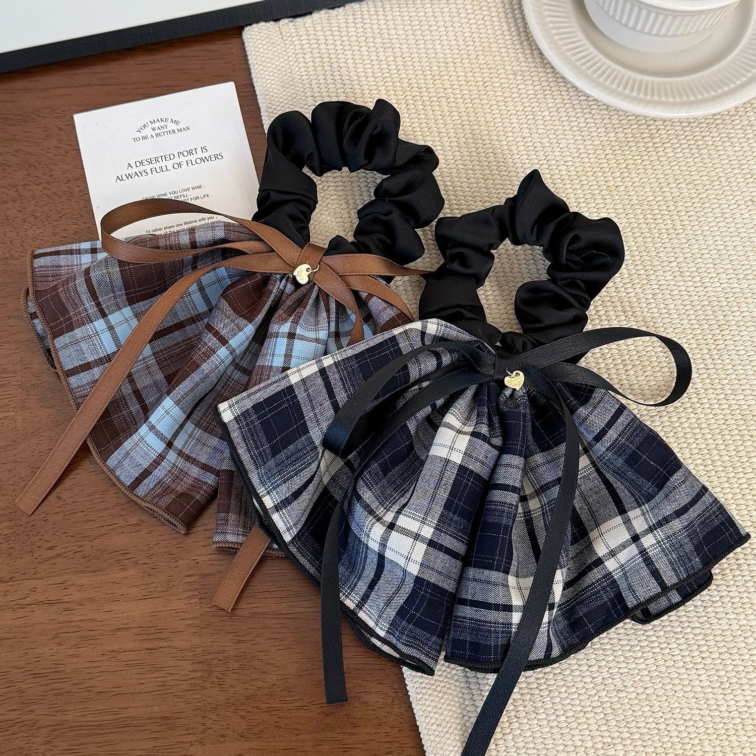 Women's Everyday Cloth Bow Tie Hair Scrunchies Coffee Black Plaid