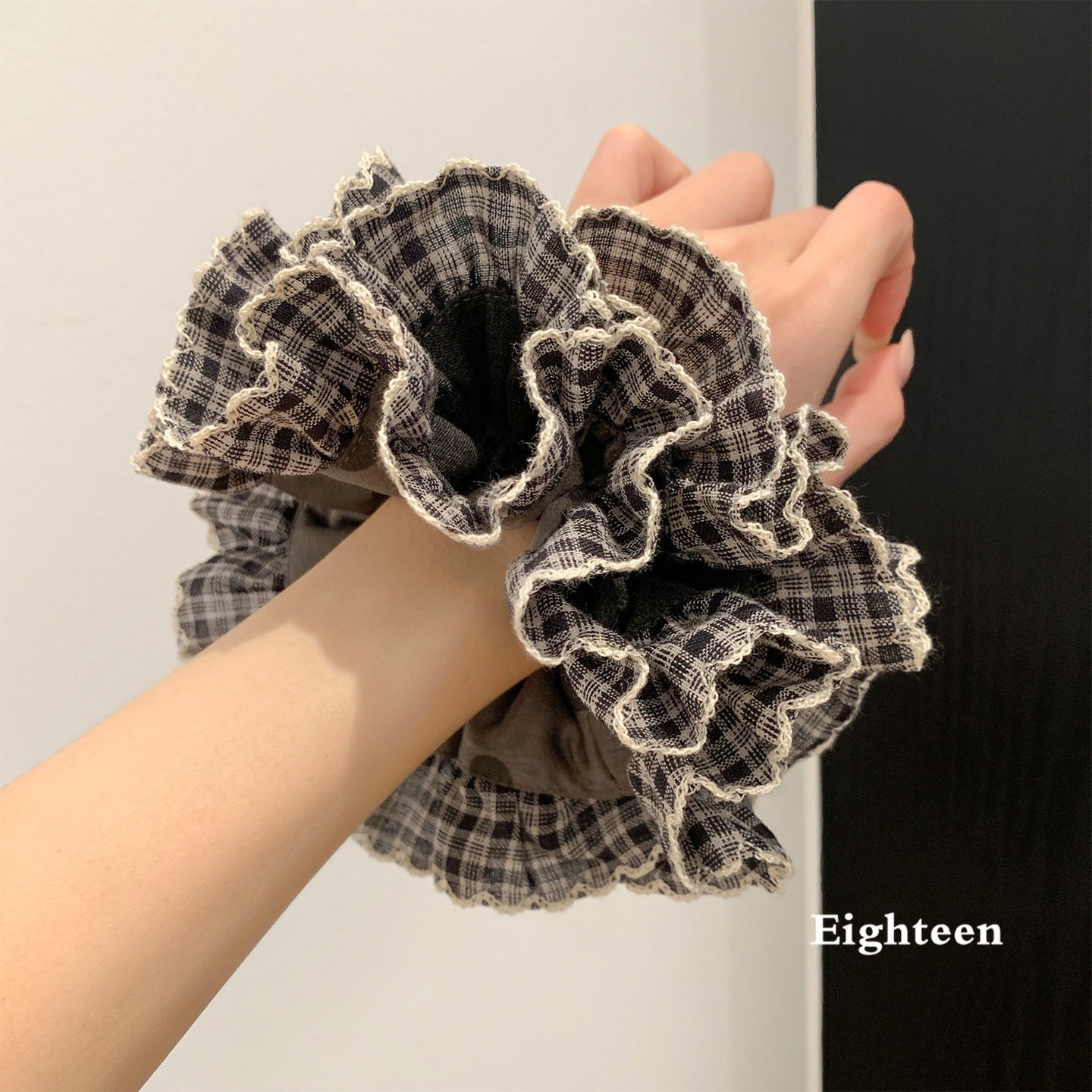 Women's Preppy Style Satin Spring Hair Tie Scrunchie Coffee Plaid