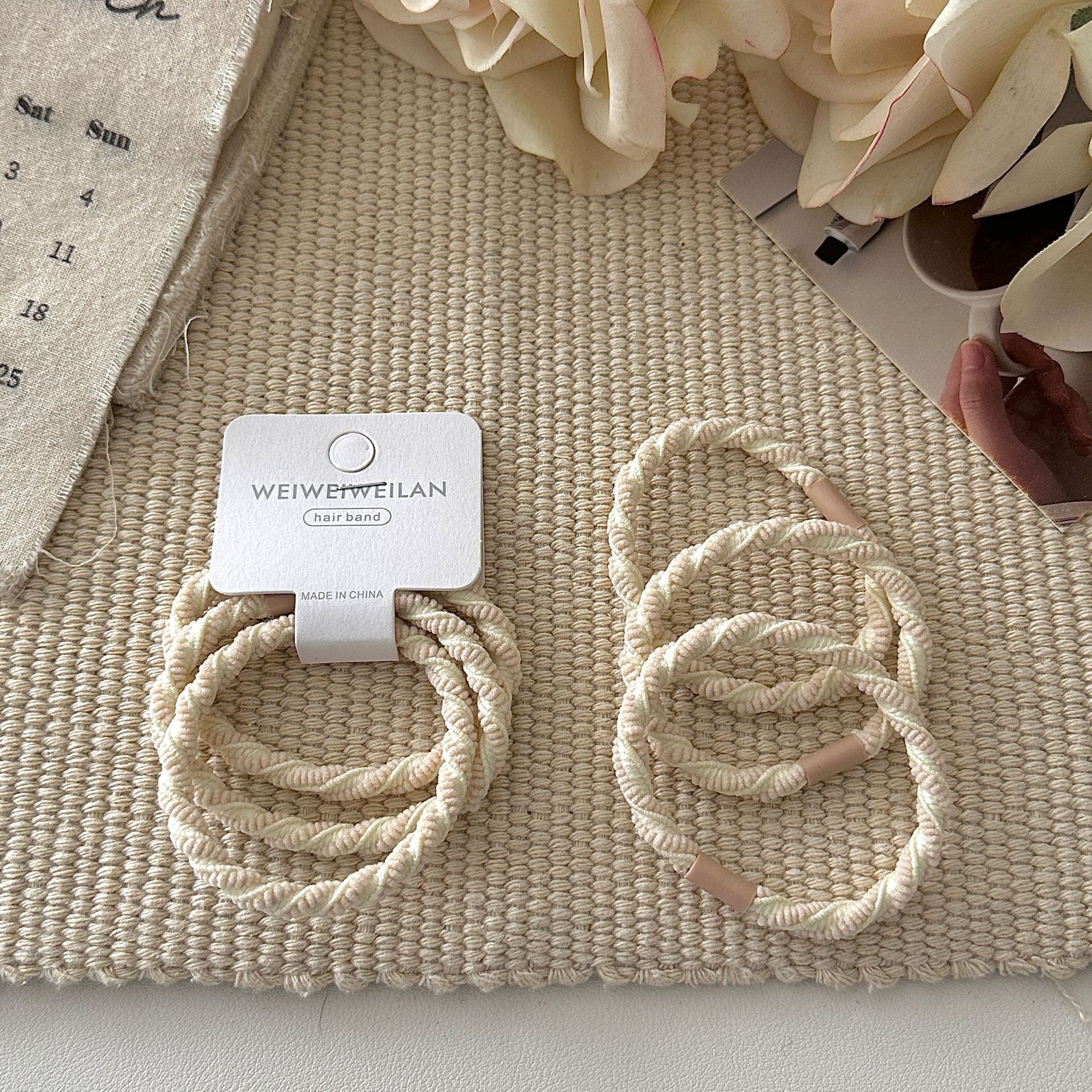 Women's Summer Cloth Scrunchies 3PCS Pack Sweet Striped Beige