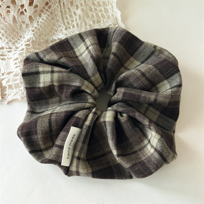 Women's Retro Dark Plaid Hair Ties Preppy Frayed Cloth Elastic Hair Bands