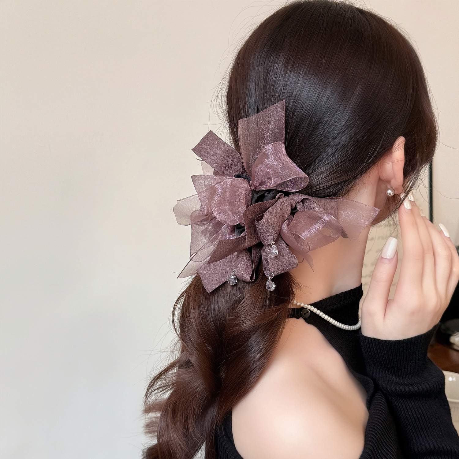 Women's Soft Gauze Spring Summer Hair Tie Black Pink Bowknot