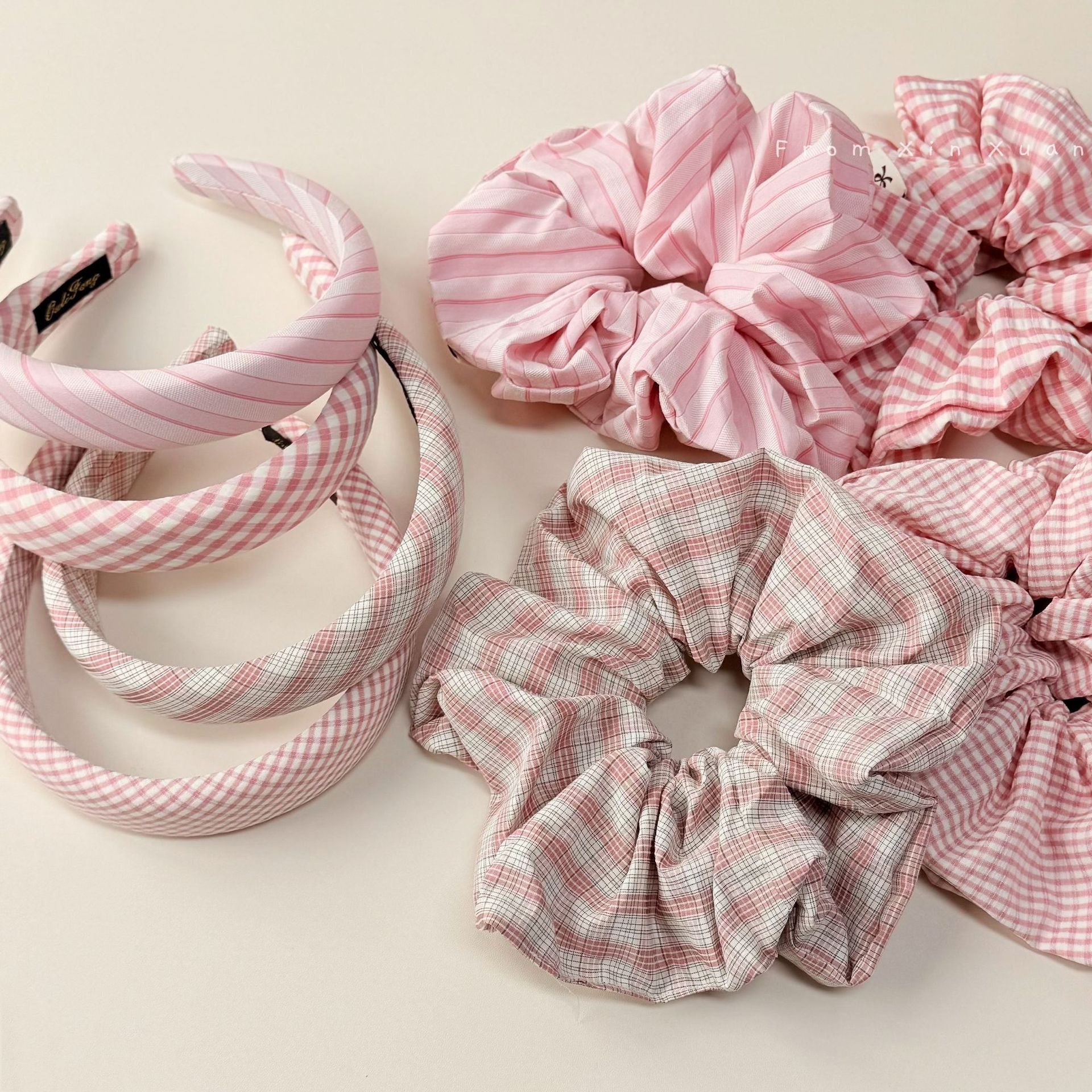 Women's Stylish Cloth Hair Tie in Pink Plaid for Spring and Summer