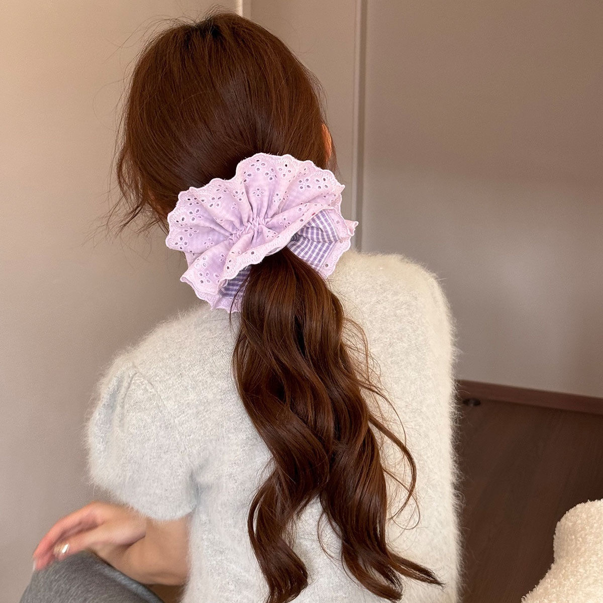 Women's Fall Winter Polyester Hairband Purple Plaid Polka Dot Stripe