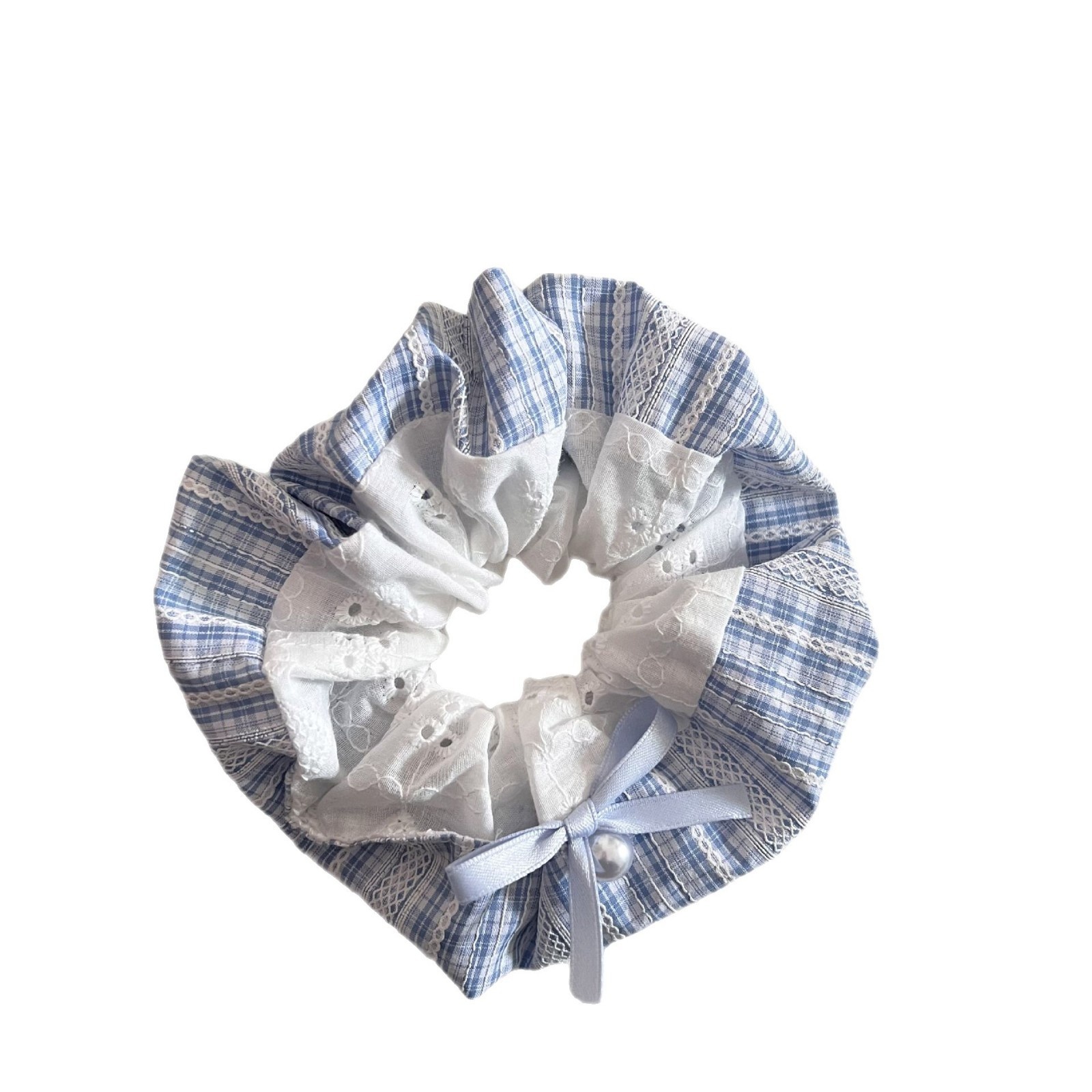 Women's Elastic Fabric Bow Ballet Ponytail Holder Light Blue Plaid