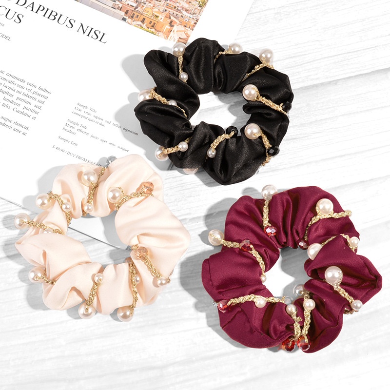 Women's Dual-Use Pearl Crystal Cloth Hair Tie Bracelet Solid Beige Black