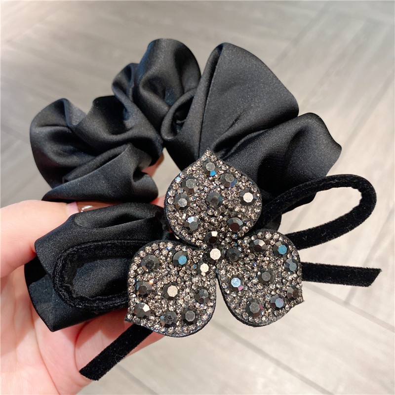 Women's French Retro Bowknot Rhinestone Flower Hair Tie Coffee Black