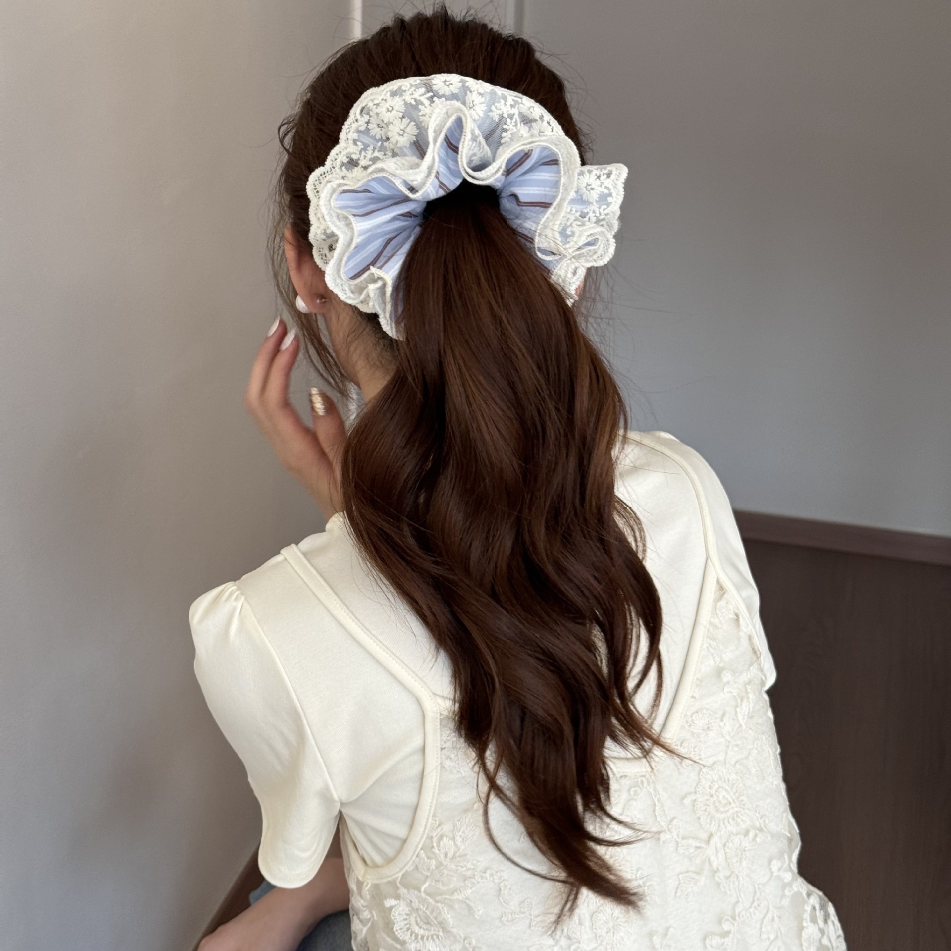 Women's Spring French Polyester Hair Tie Blue And Beige Striped Lace