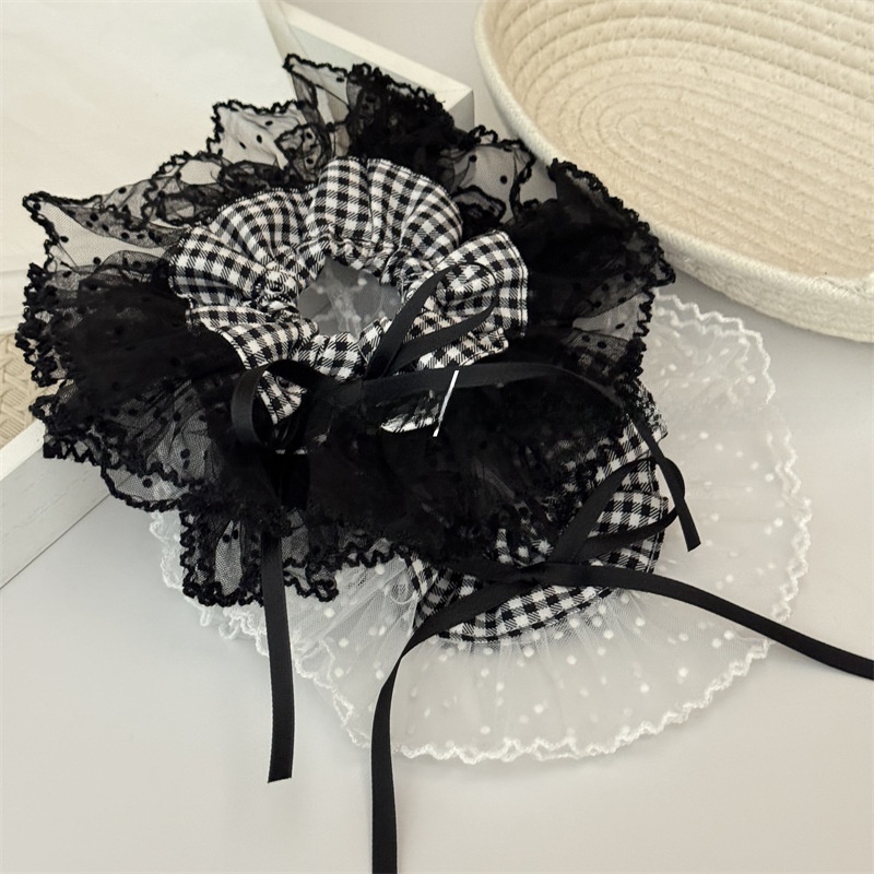 Women's Stylish Cloth Bowknot Hair Scrunchies Black White Checkered Lace