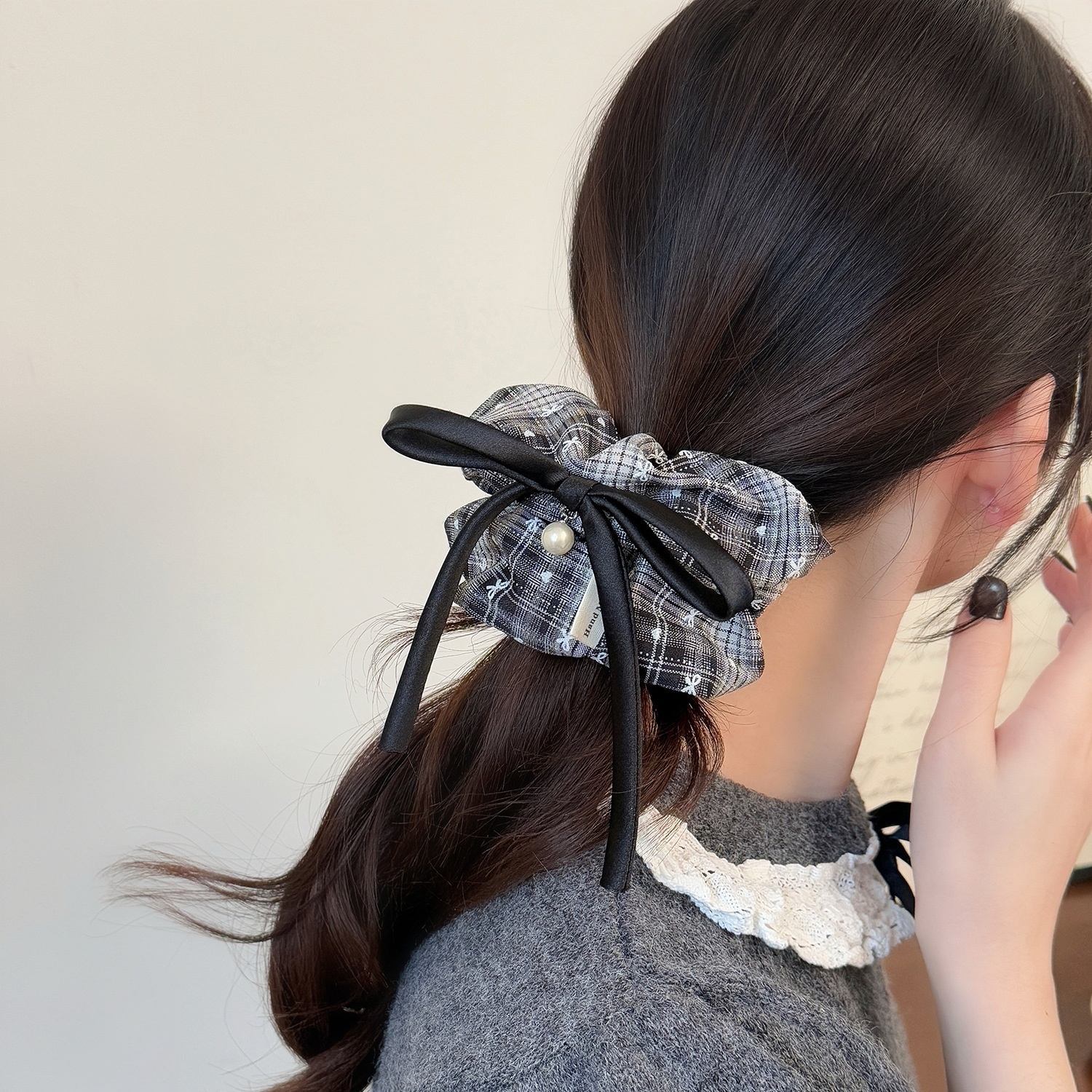 Women's Pearl Bowknot Cloth Scrunchie Ribbon Hair Tie Red Black Plaid