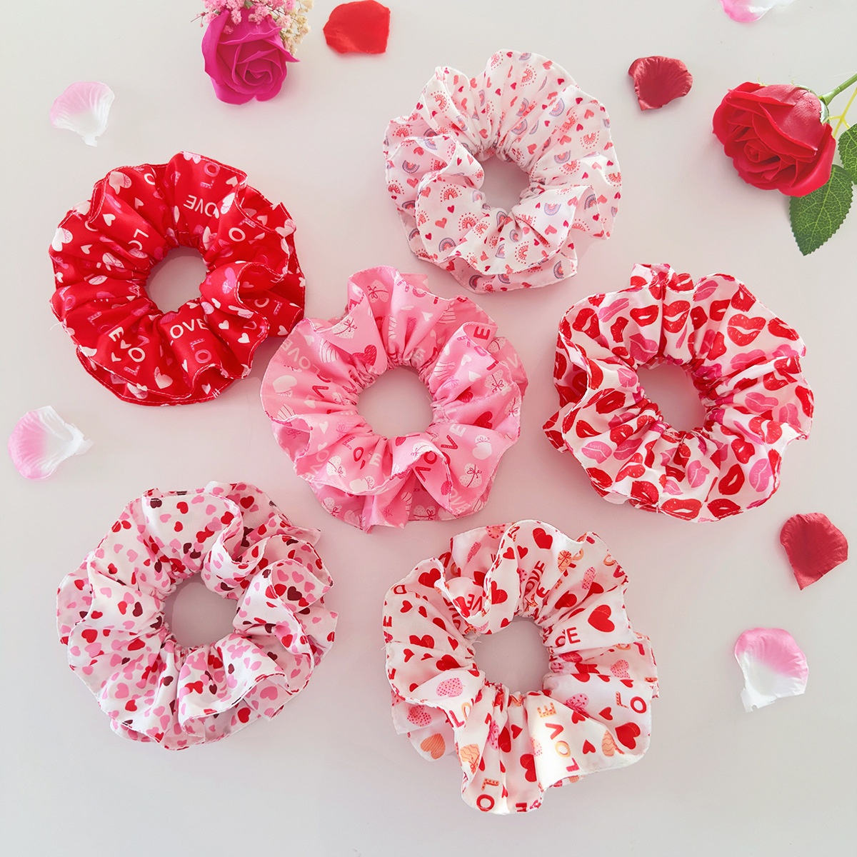 Women's Double Layer Cloth Hair Scrunchie Valentine Heart Lip Pattern