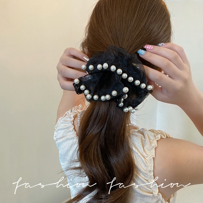 Women's Extra Large Mesh Pearl Scrunchie Bun Styling Hair Tie