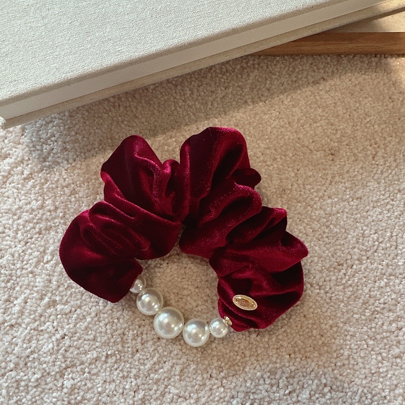 Women Elegant Velvet Pearl Hair Tie Coffee Lake Blue Black Wine Red