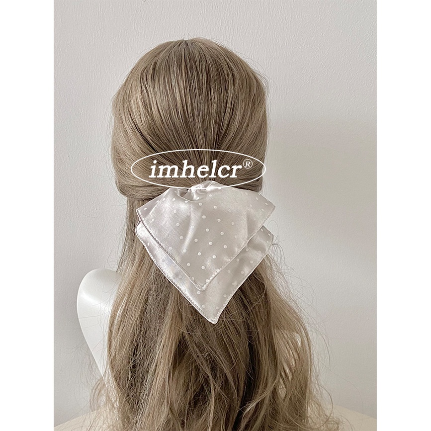 Women's Spring Summer Satin Scrunchie Hair Tie Beige Polka Dots