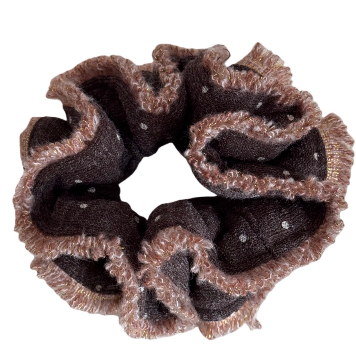 Women's Winter Cozy Plush Knit Hair Tie With Coffee Polka Dots