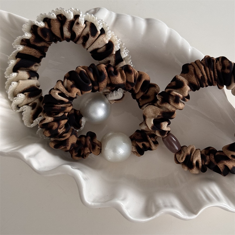 Women's Retro Leopard Print Hair Ties Vintage Pearl Elastic Hair Bands