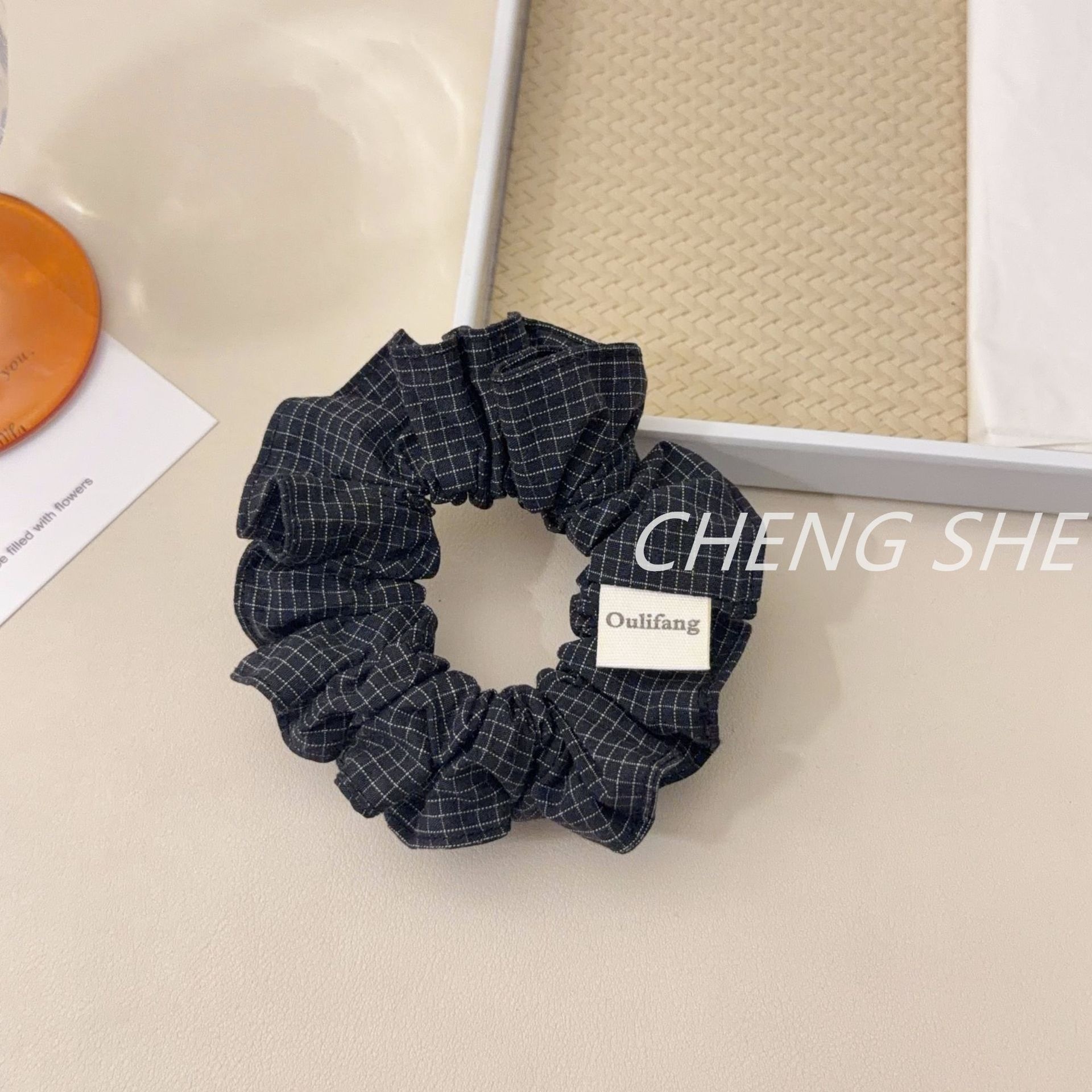 Women's Vintage Soft Cloth Hair Tie Spring Season Accessory Black Plaid