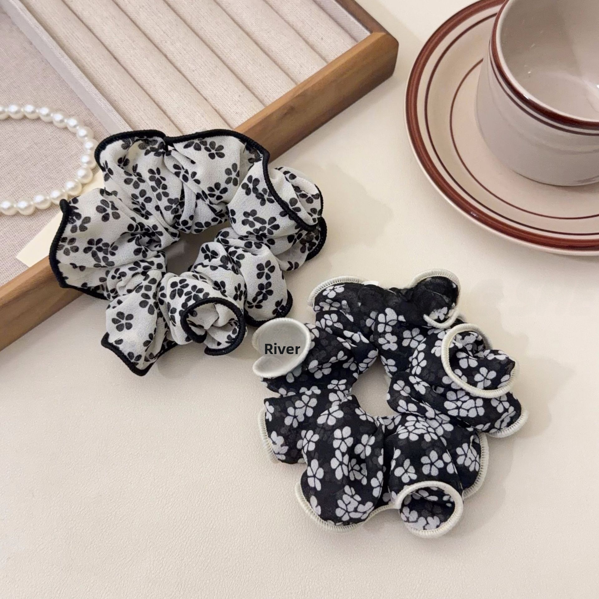 Women's Spring Summer French Style Cloth Hair Tie Black Ditsy Floral