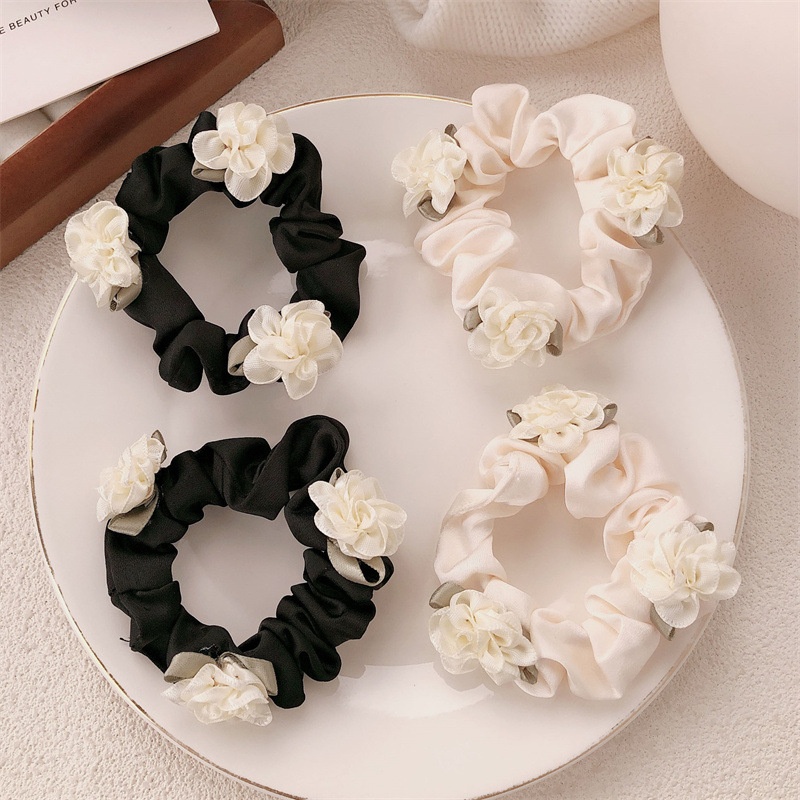 Women's Spring Fairy Satin Elastic Hair Tie Beige Black Jasmine Flower