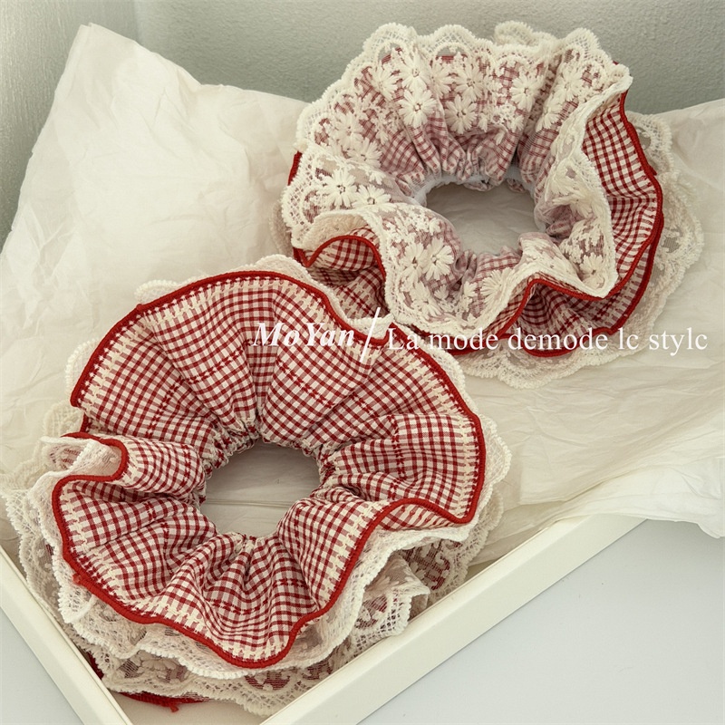 Women's Casual Cloth Hair Scrunchies Red White Plaid Patchwork
