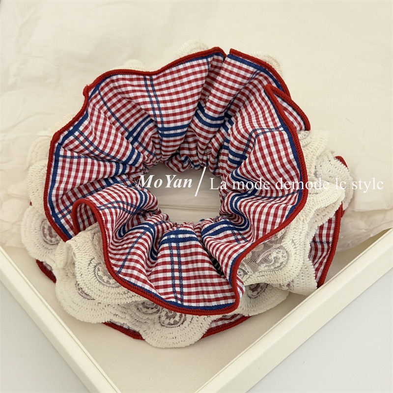 Women's Plaid Lace Patchwork Hair Tie Chic Red Blue Checkered Cloth Scrunchie