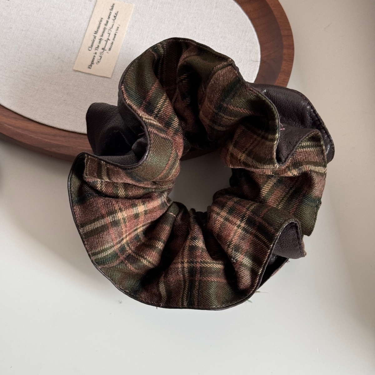 Women's Autumn Winter Fabric Bow Scrunchie Hair Tie Brown Color Block Plaid