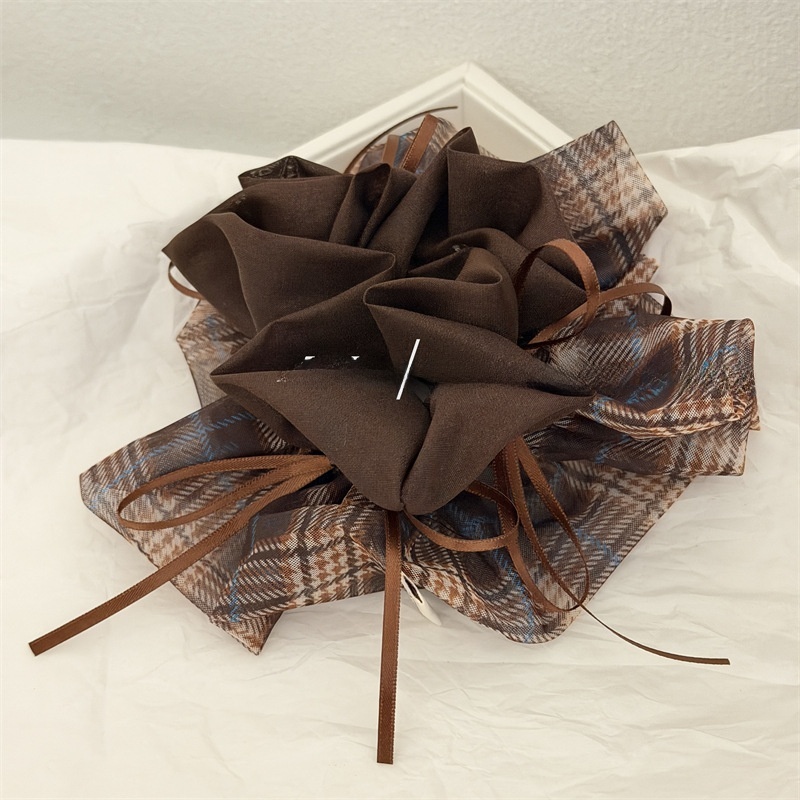 Women's Soft Gauze Bowknot Hair Tie For Daily Wear Coffee Plaid