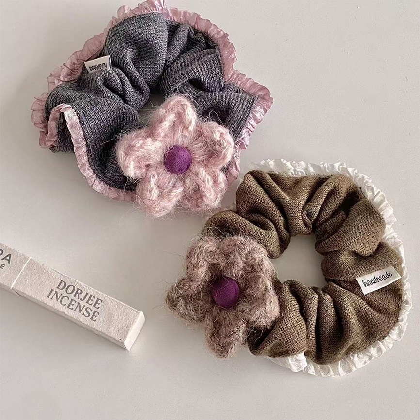 Women Winter Knitted Ruffled Ponytail Hairband Pink Dark Coffee Flower