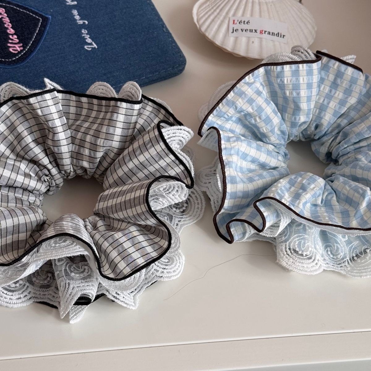 Women's Spring Retro Cloth Hair Tie Scrunchie Blue Black Plaid