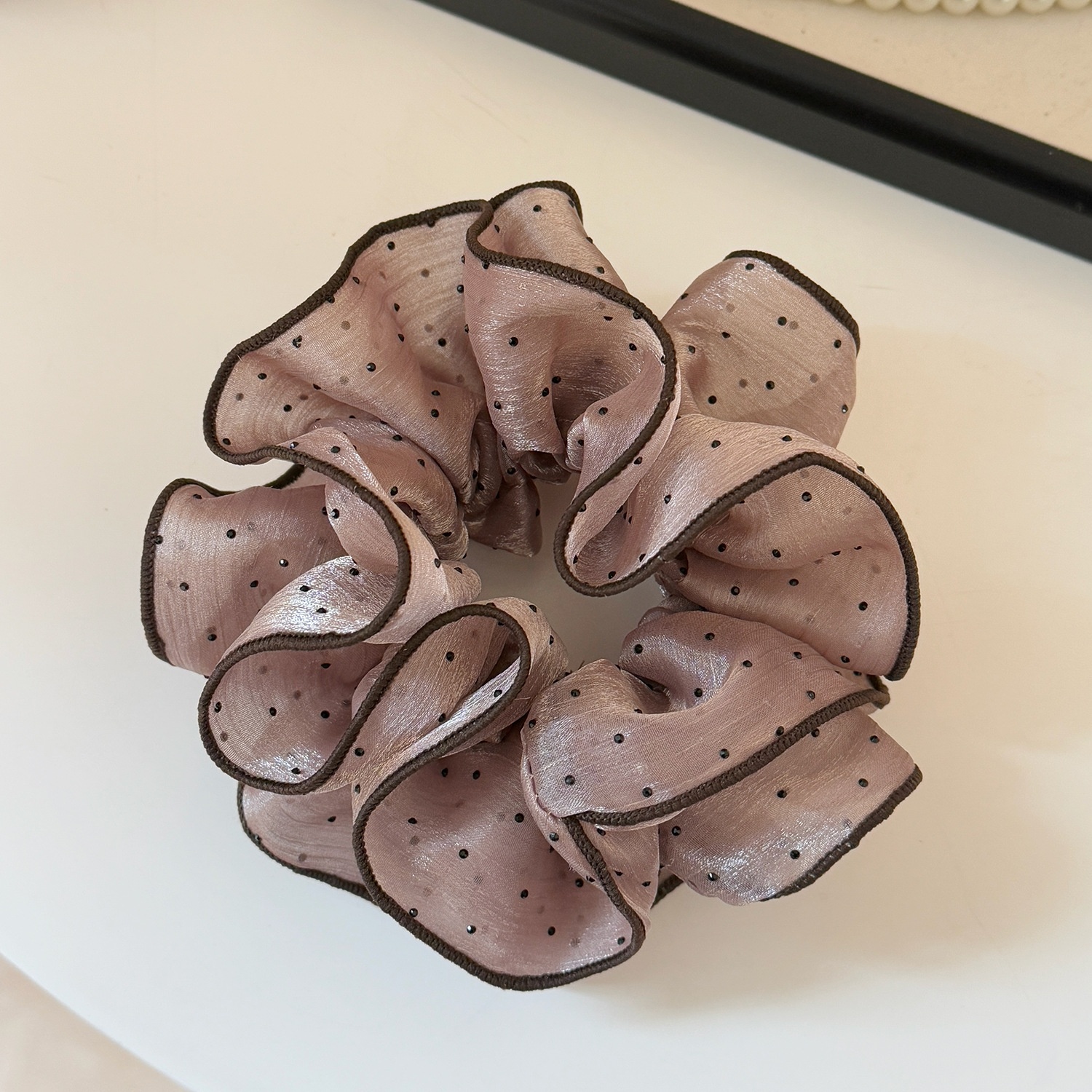 Women's Sweet Gauze Hair Tie For Daily Wear Black And Pink Polka Dots